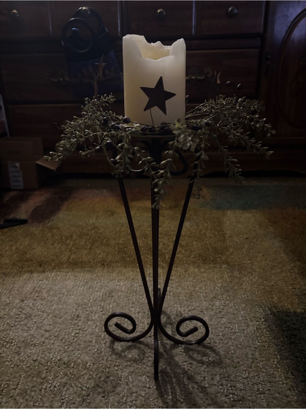 Rustic red Metal Candle Holder with Cream Star Candle